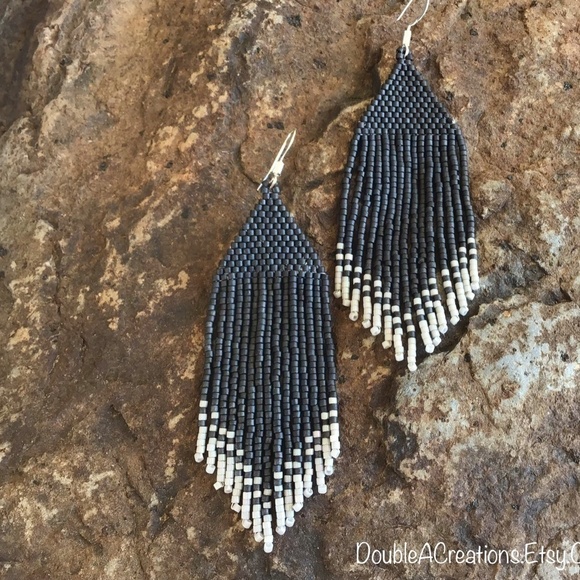 DARK Gray With Light Gray Tips Handmade Beaded Earrings,New, Handmade by Me - Picture 8 of 8